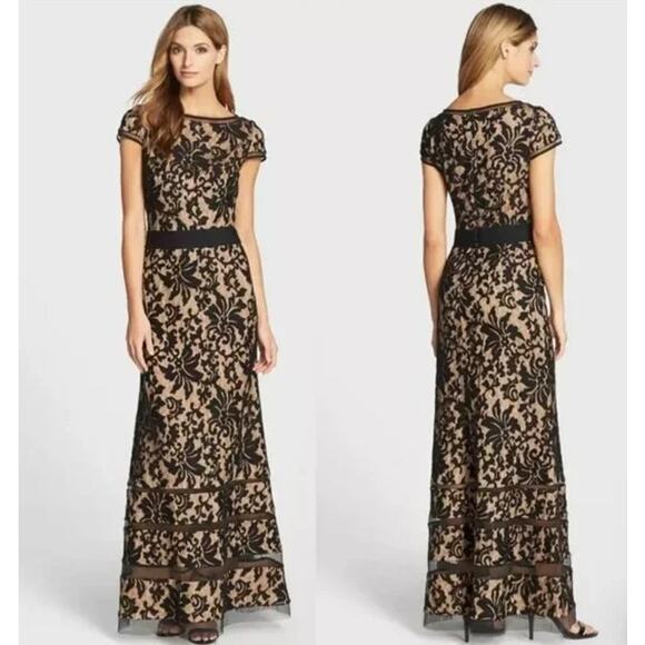 Tadashi Shoji Floral Lace Maxi Dress Short Sleeve Boat Neck Formal Gown, Blue - Picture 1 of 14